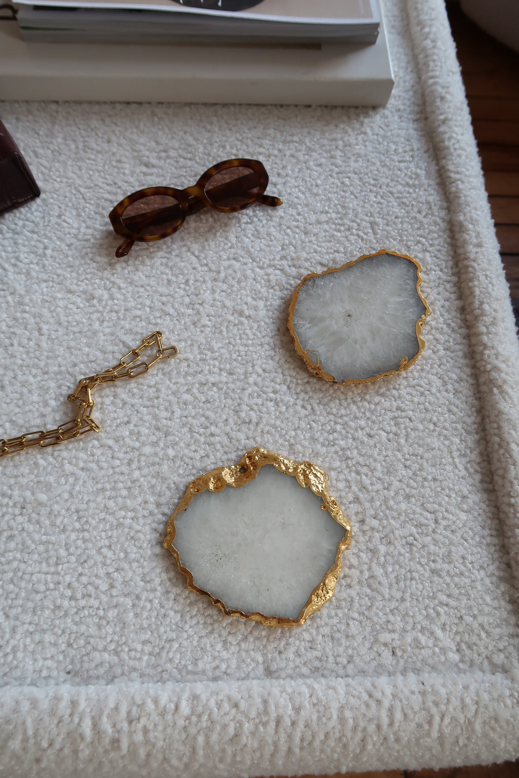 Agate Crystal Coasters with Gold Edge in White - Set of 2