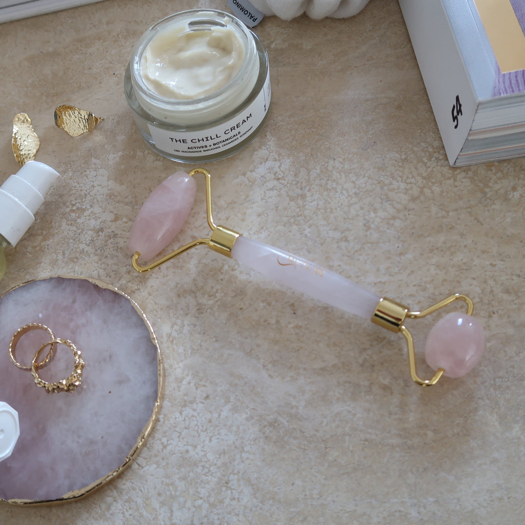 Rose Quartz Crystal Facial Massage Roller, Gold Metal